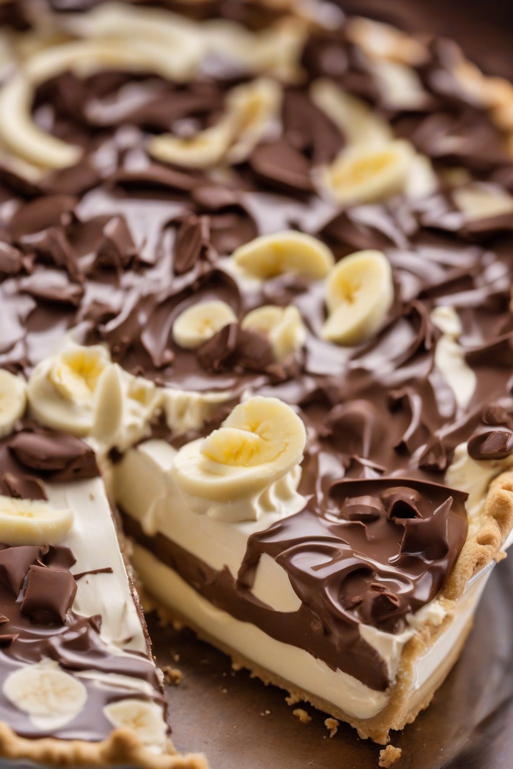 A close-up photo of Nutella banana silky cream pie, with glossy chocolatey filling under soft lighting.