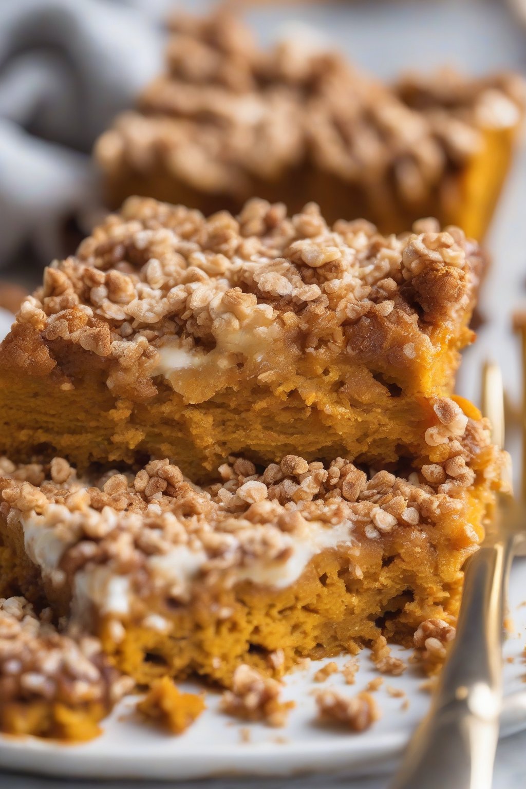 A close-up high-resolution photo of a slice of classic pumpkin dump cake with gooey pumpkin layers and crunchy topping, under soft lighting.