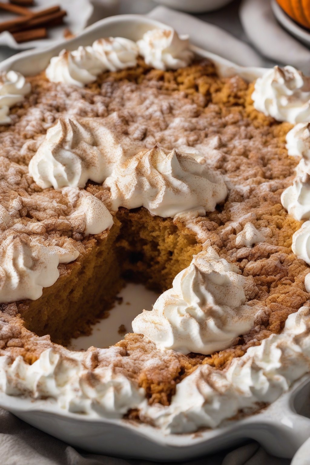 A close-up high-resolution photo of pumpkin spice latte dump cake topped with whipped cream and a dusting of cinnamon, under soft lighting.