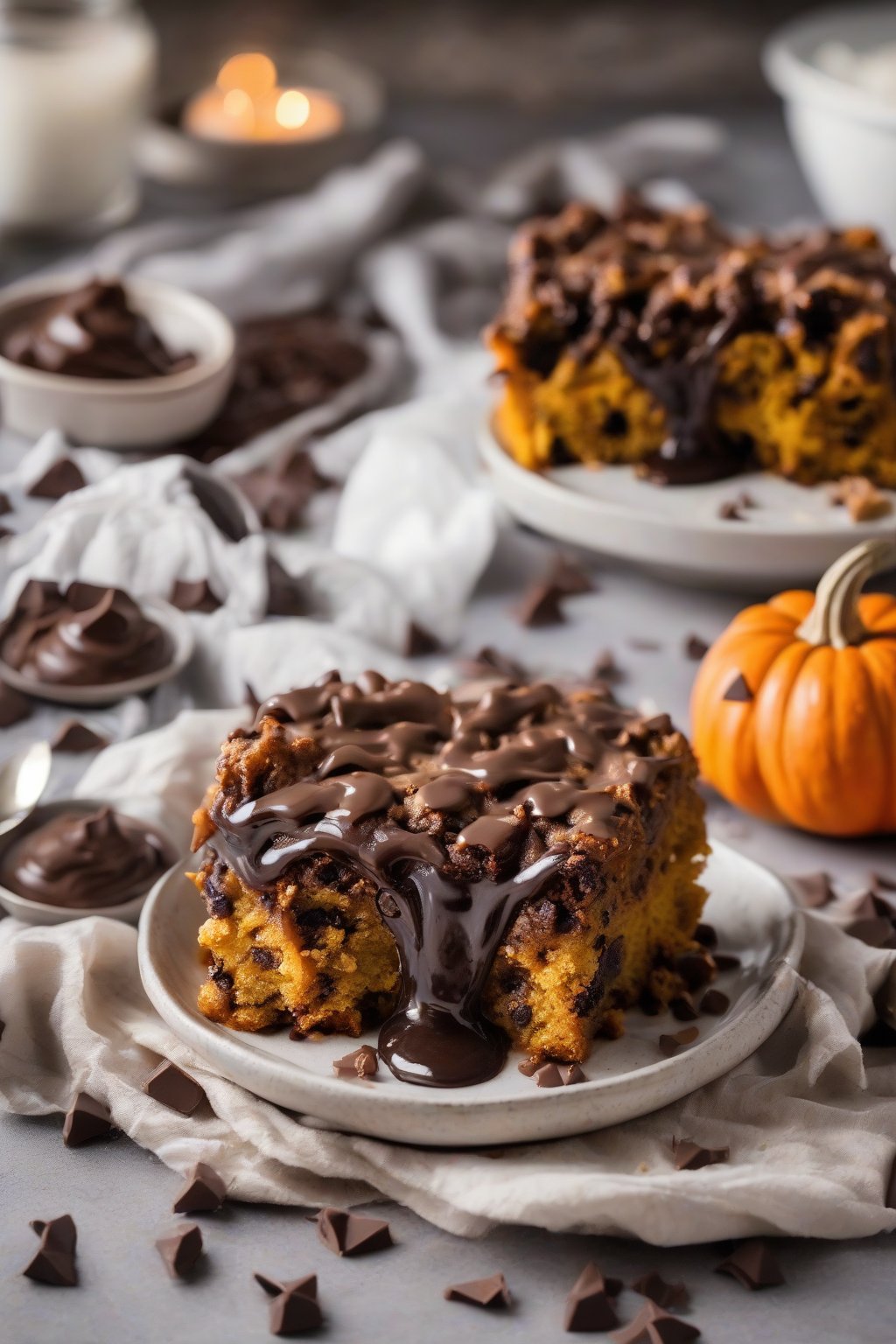 A close-up high-resolution photo of chocolate chip pumpkin dump cake oozing with melted chocolate, under soft lighting.
