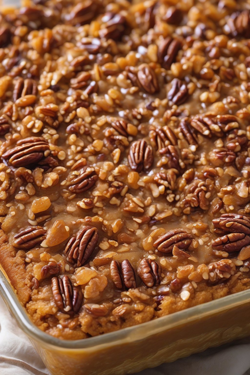 A close-up high-resolution photo of pecan praline pumpkin dump cake with caramelized nuts on top, under soft lighting.
