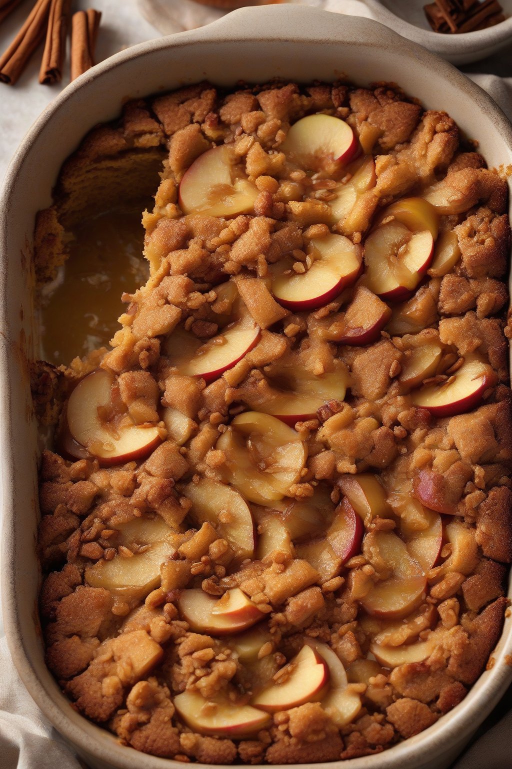 A close-up high-resolution photo of apple pumpkin dump cake showing chunks of apple peeking through the spiced topping, under soft lighting.
