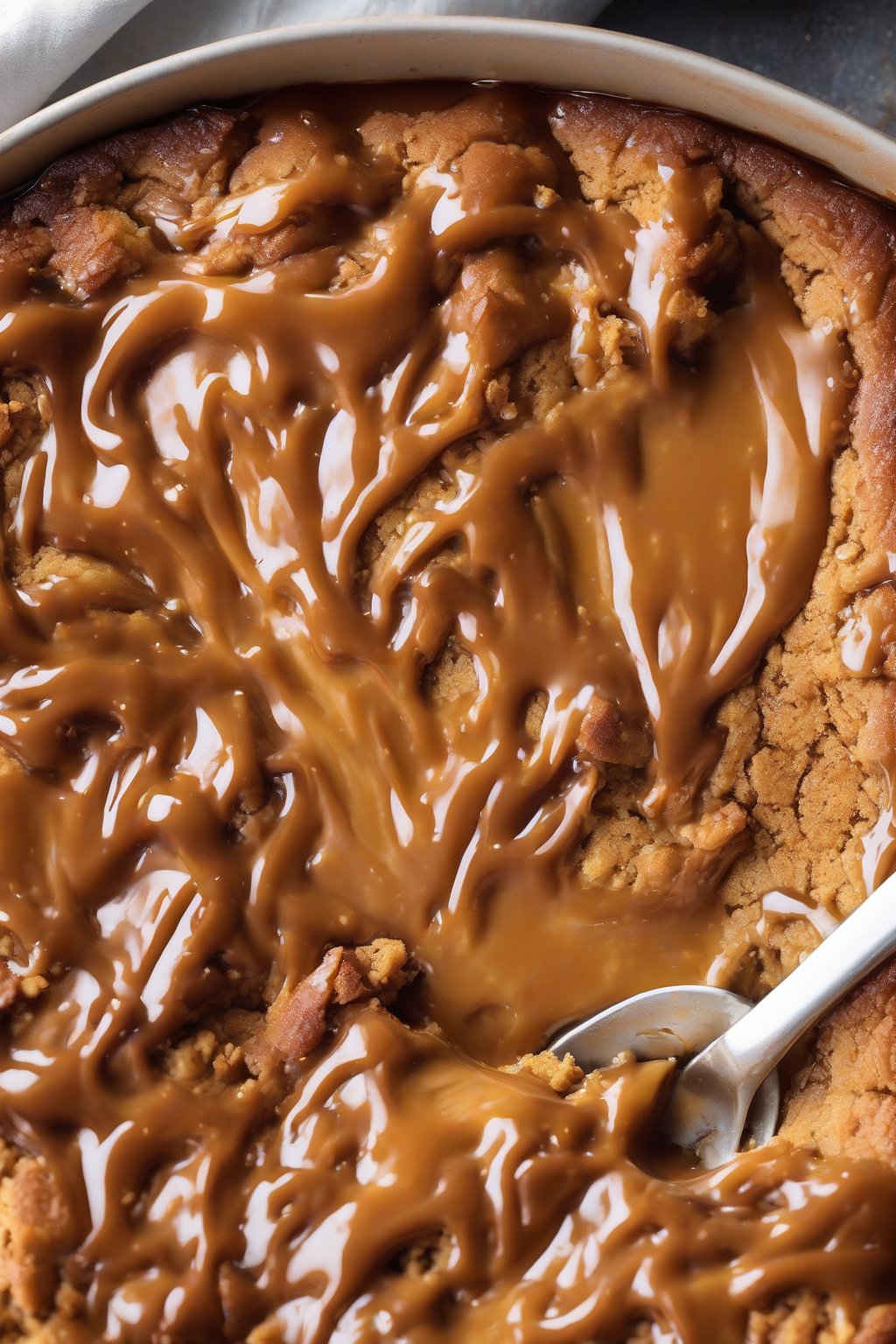 A close-up high-resolution photo of caramel pumpkin dump cake with rivers of caramel sauce, under soft lighting.