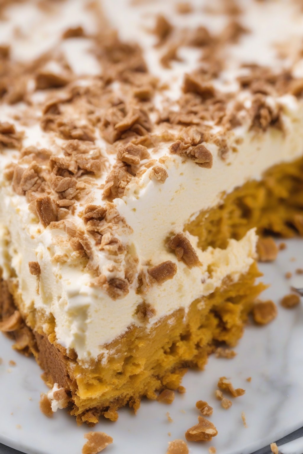 A close-up high-resolution photo of pumpkin cheesecake dump cake with creamy layers visible in a cut slice, under soft lighting.