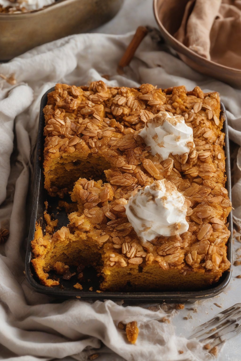 A close-up high-resolution photo of vegan pumpkin dump cake with a golden, crumbly top, under soft lighting.
