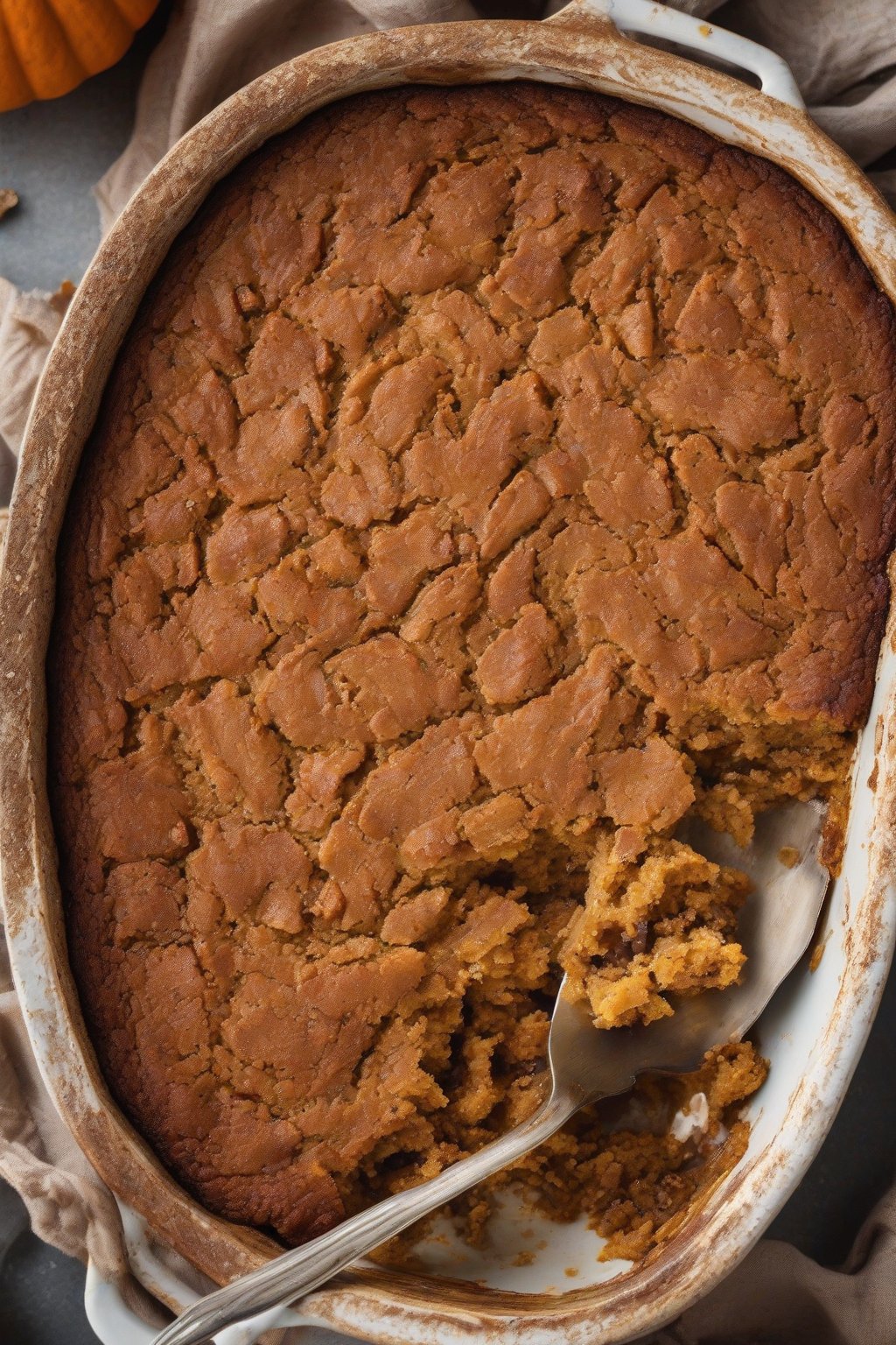 A close-up high-resolution photo of gluten-free pumpkin dump cake served warm with a scoop, under soft lighting.