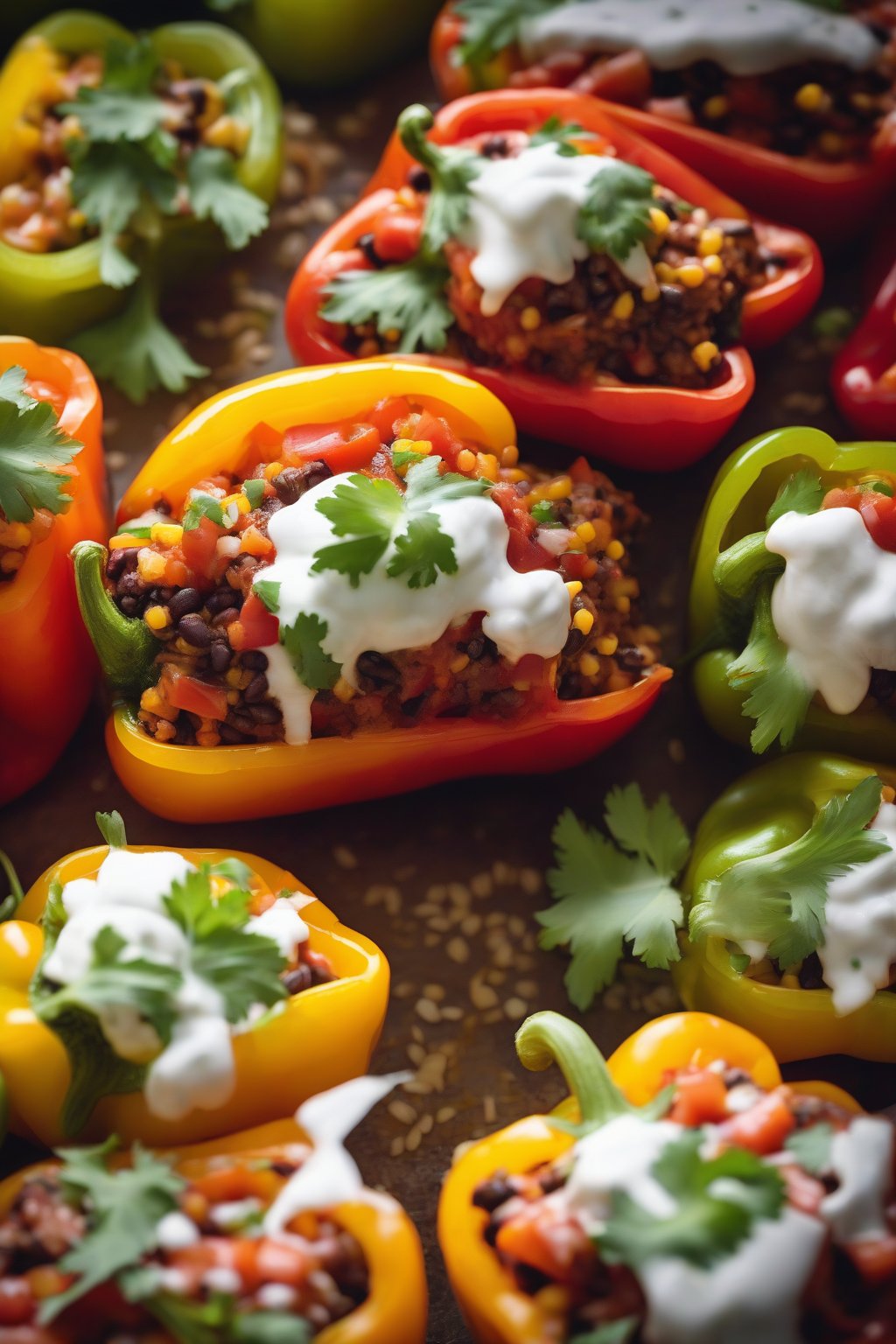 A close-up photo of vibrant Mexican stuffed bell peppers garnished with fresh salsa under soft lighting.