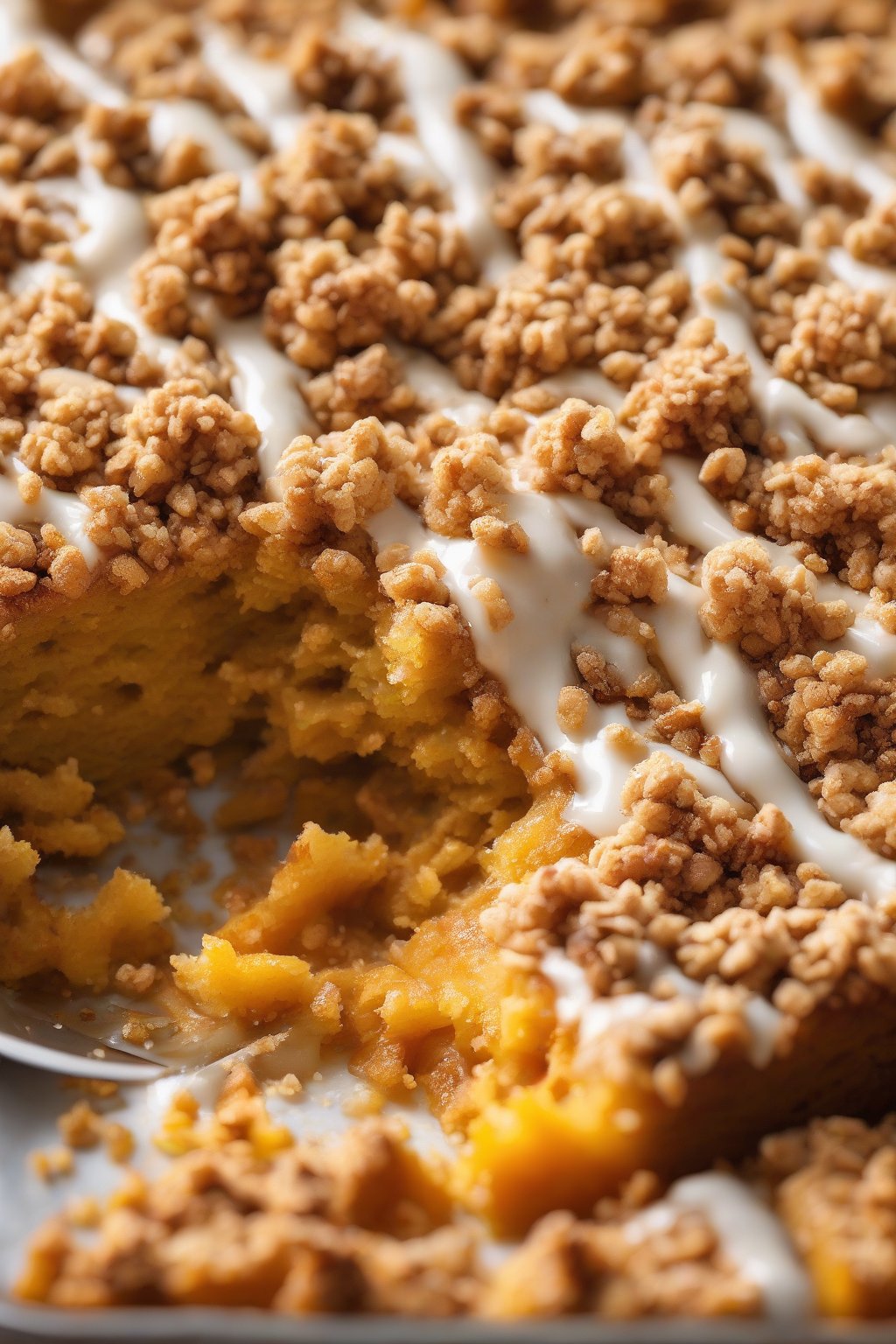 A close-up high-resolution photo of streusel-topped pumpkin dump cake with buttery crumbs cascading off the side, under soft lighting.
