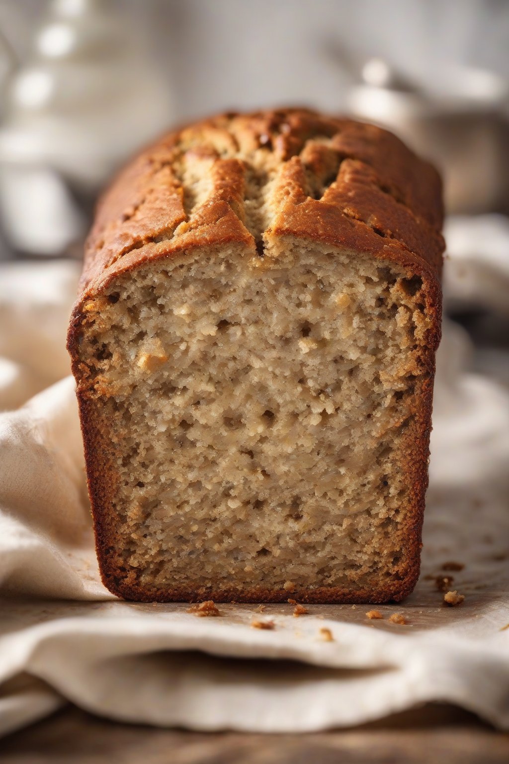 A high-resolution close-up photo of a golden loaf of classic banana bread sliced to show moist crumb, under soft lighting.