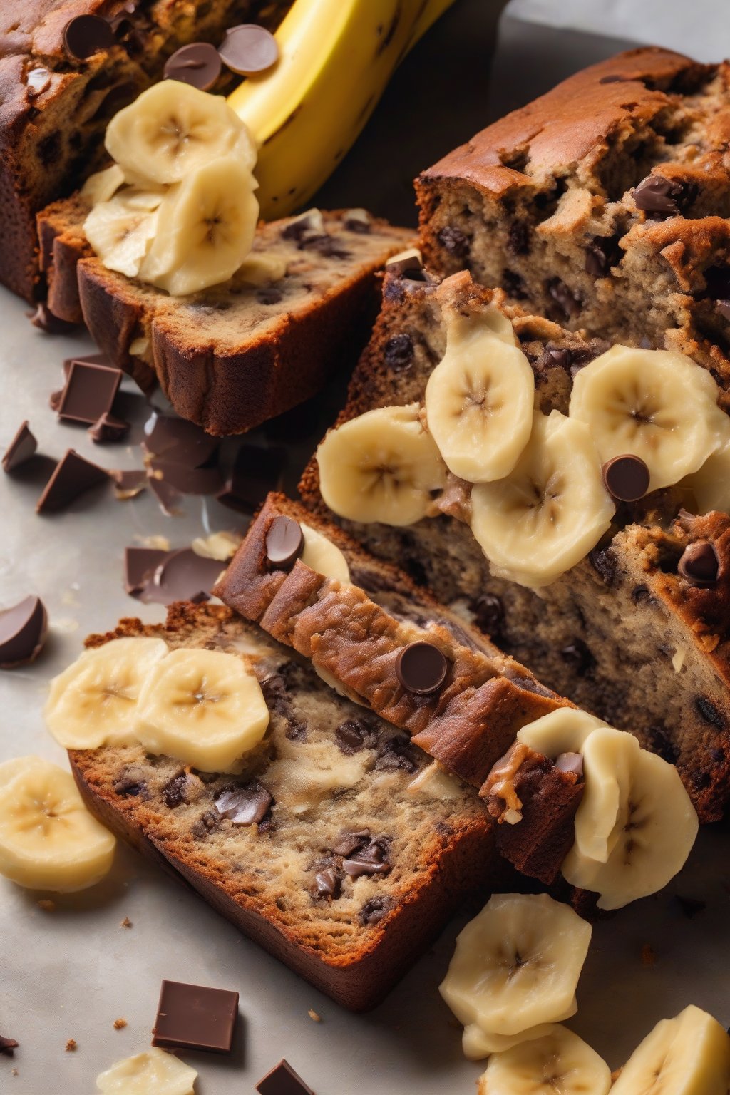 A high-resolution close-up photo of chocolate chip banana bread with oozing chips, sliced open, under soft lighting.