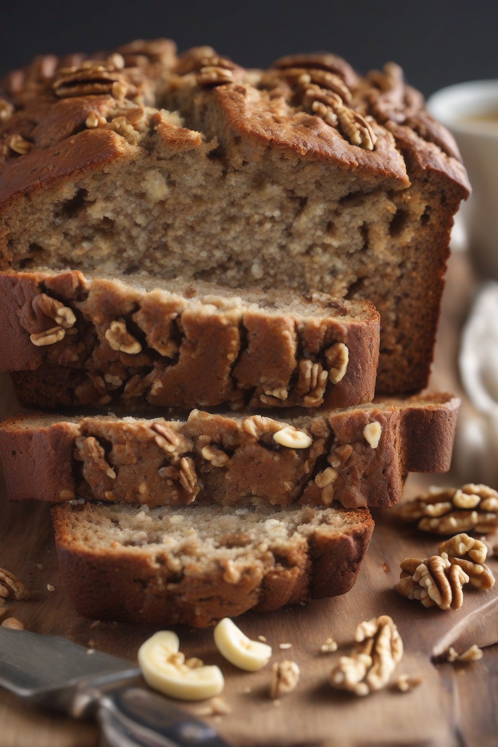 A high-resolution close-up photo of walnut banana bread loaf with visible nuts in the crumb, under soft lighting.