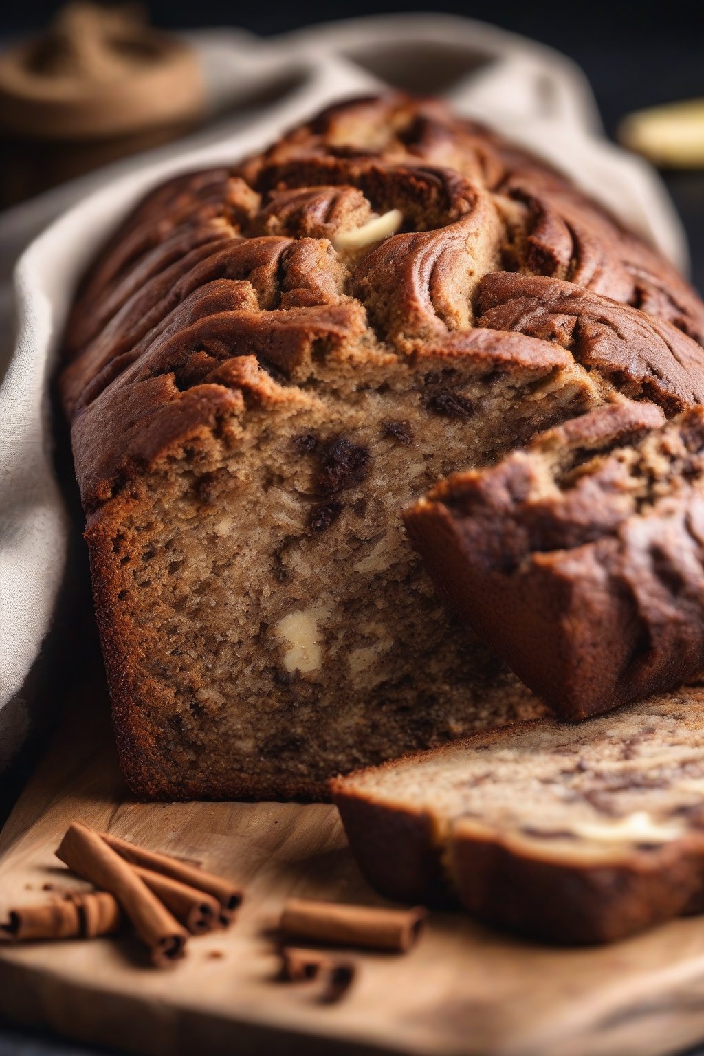 A high-resolution close-up photo of cinnamon swirl banana bread with visible spice ribbons in a slice, under soft lighting.