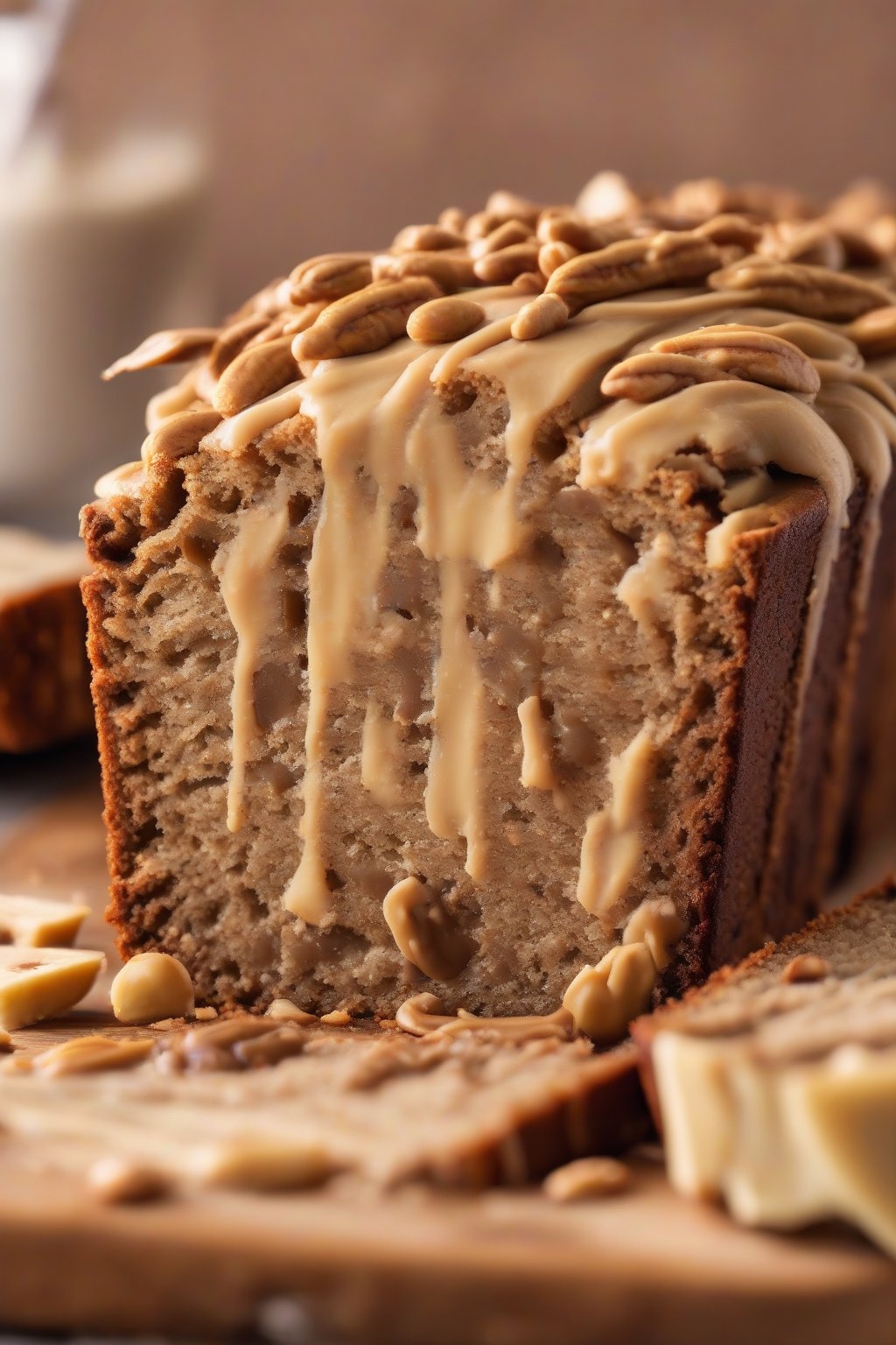 A high-resolution close-up photo of peanut butter banana bread slice showing creamy streaks, under soft lighting.