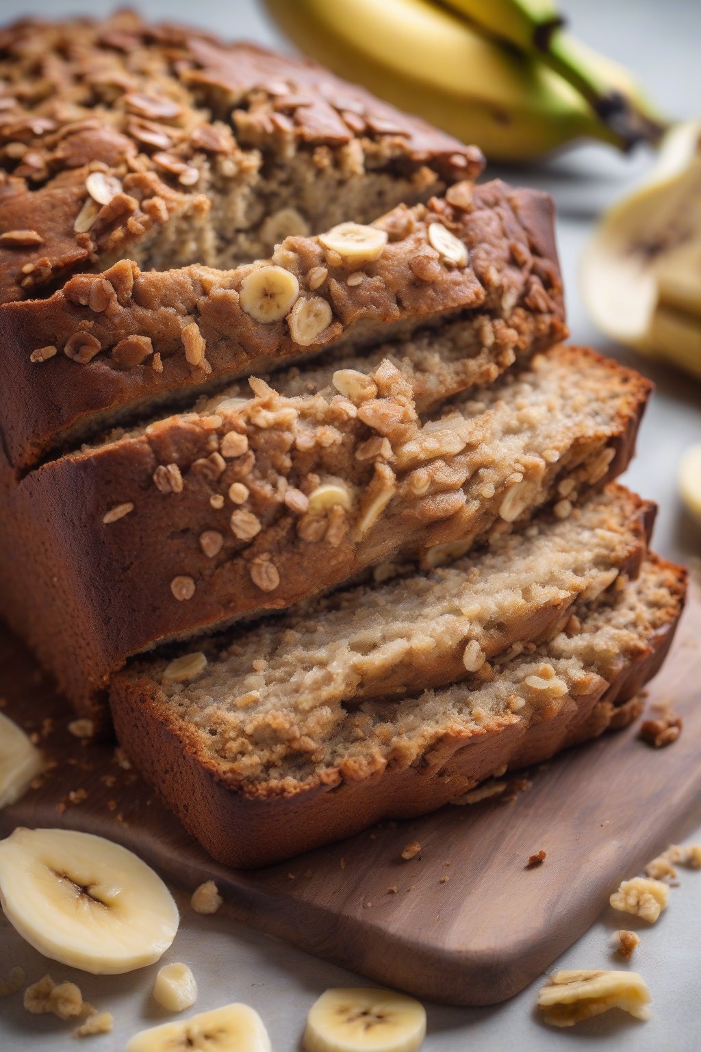 A high-resolution close-up photo of vegan banana bread loaf with a tender crumb, topped with banana slices, under soft lighting.