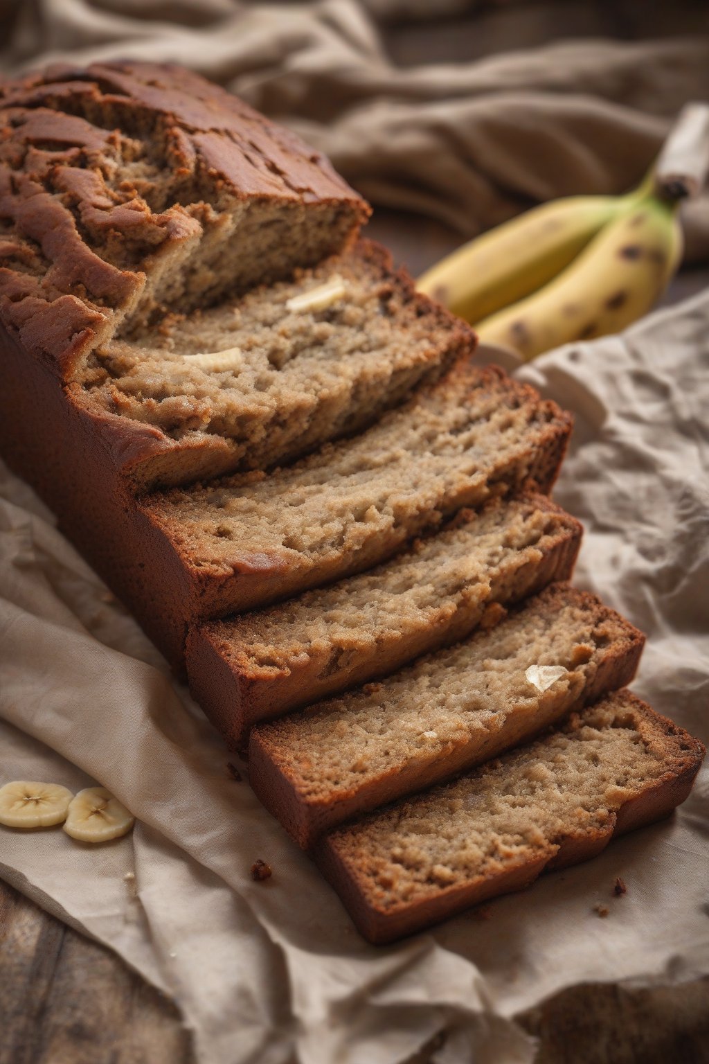 A high-resolution close-up photo of gluten-free banana bread slice revealing light, moist interior, under soft lighting.