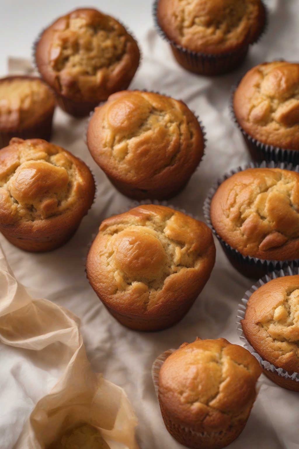 A high-resolution close-up photo of golden banana bread muffins with domed tops, under soft lighting.