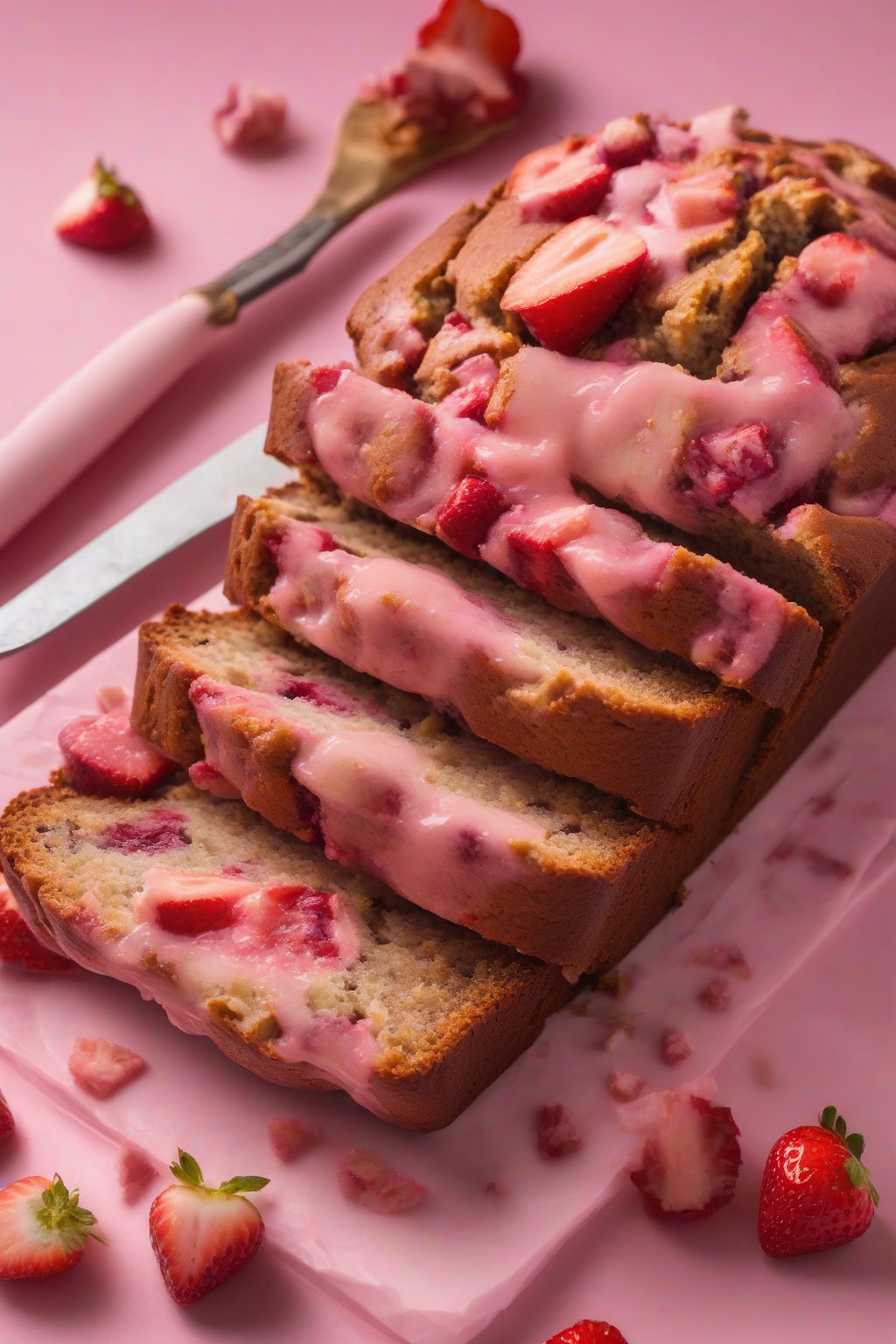 A high-resolution close-up photo of strawberry banana bread slice with pink fruit chunks, under soft lighting.