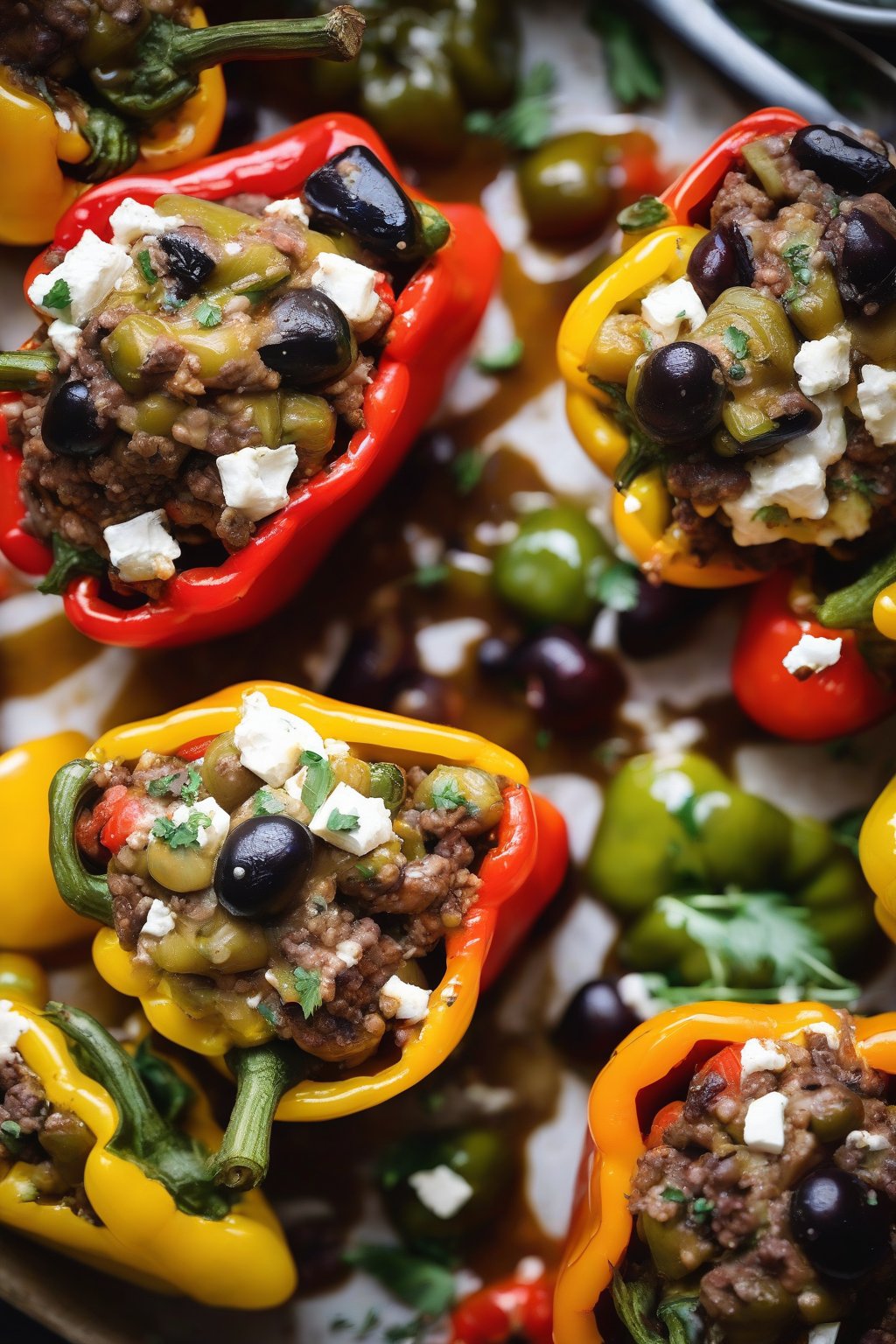 A close-up photo of lemony lamb and feta stuffed bell peppers with olives under soft lighting.