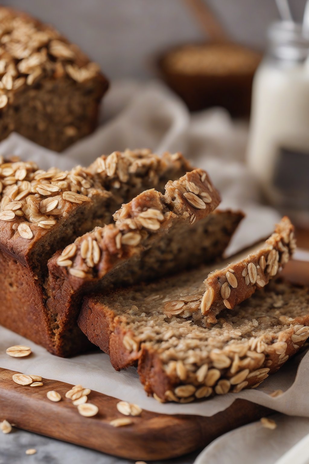 A high-resolution close-up photo of oatmeal banana bread with oats visible in the hearty crumb, under soft lighting.