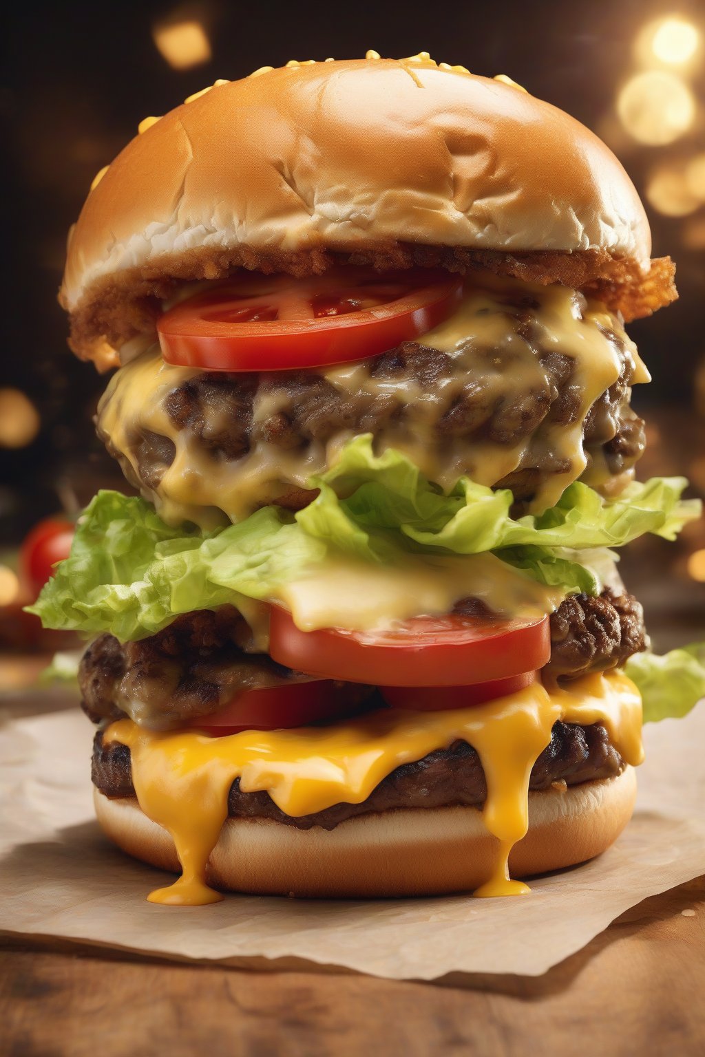 A high-resolution photo of a classic cheese smash burger with melted American cheese dripping over crispy edges, topped with lettuce and tomato on a toasted bun, under soft lighting.
