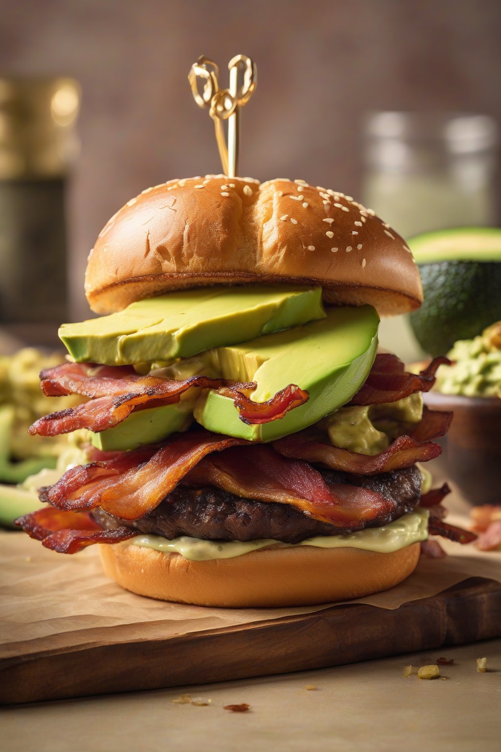 A high-resolution photo of a bacon avocado smash burger with crispy bacon strips and creamy green avocado slices stacked high on a golden brioche bun, under soft lighting.