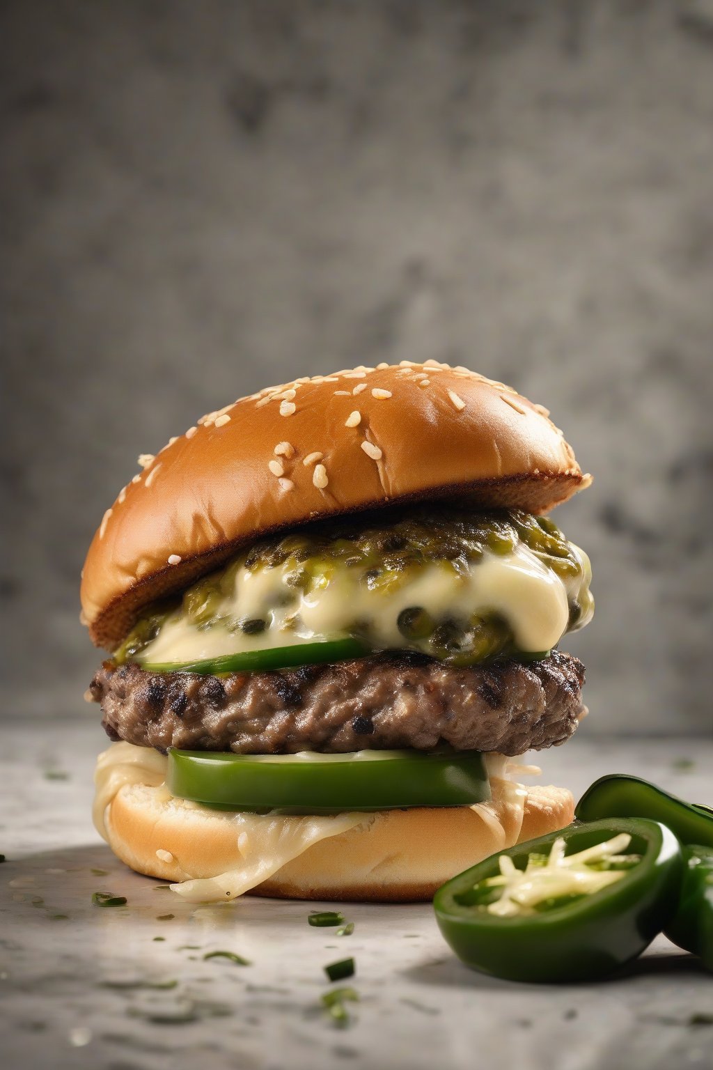 A high-resolution photo of a spicy jalapeño smash burger oozing melted pepper jack cheese with charred green jalapeño slices peeking out, on a sesame bun, under soft lighting.