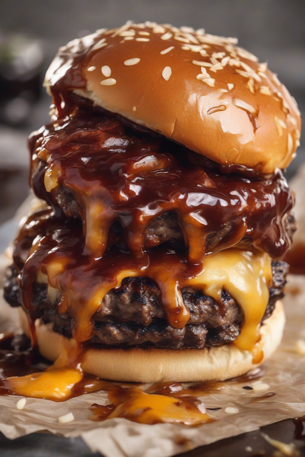 A high-resolution photo of a BBQ onion smash burger piled with gooey smoked cheddar and glossy caramelized onions dripping BBQ sauce, under soft lighting.