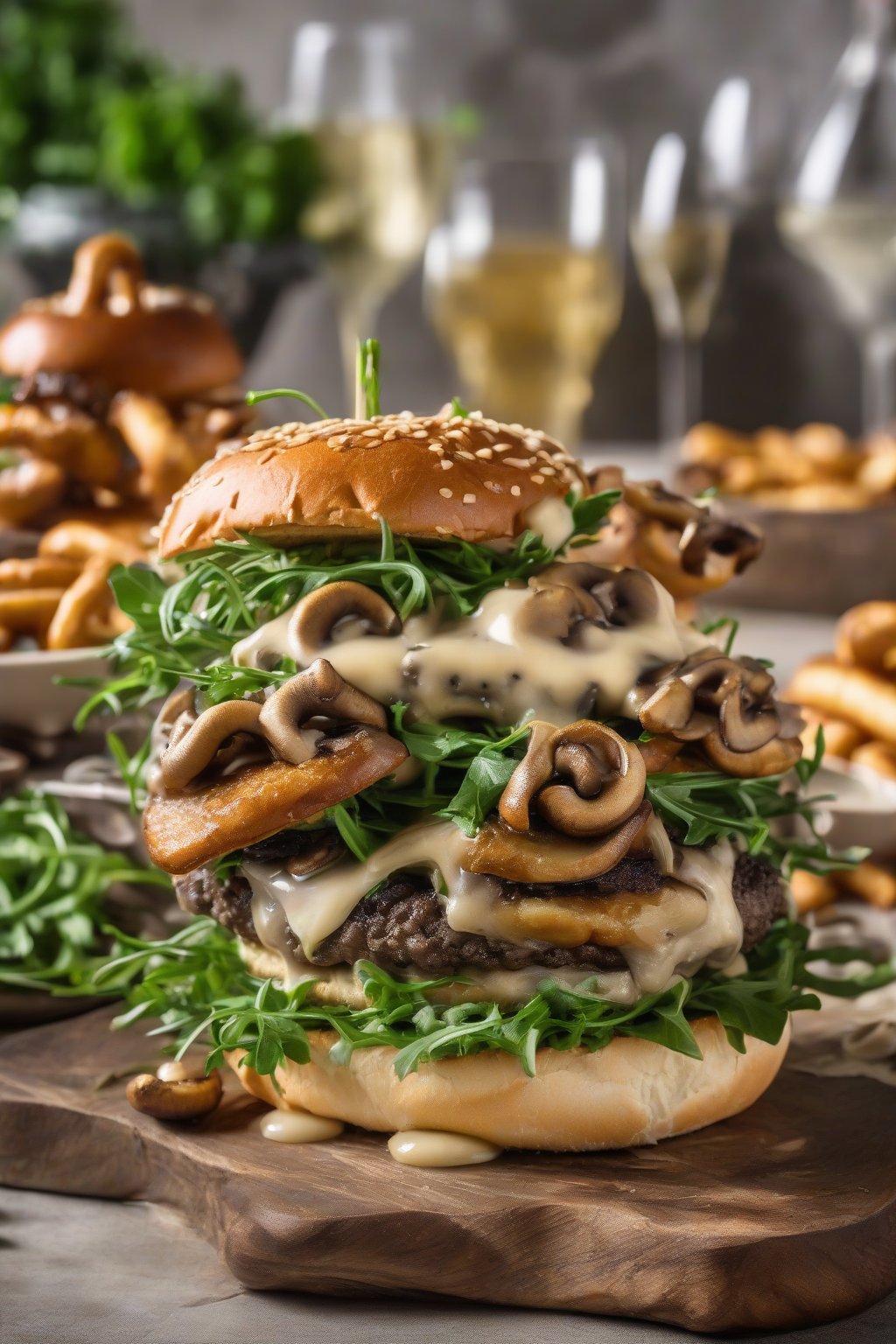 A high-resolution photo of a mushroom Swiss smash burger with sautéed golden mushrooms and bubbly Swiss cheese on a pretzel bun with fresh arugula, under soft lighting.