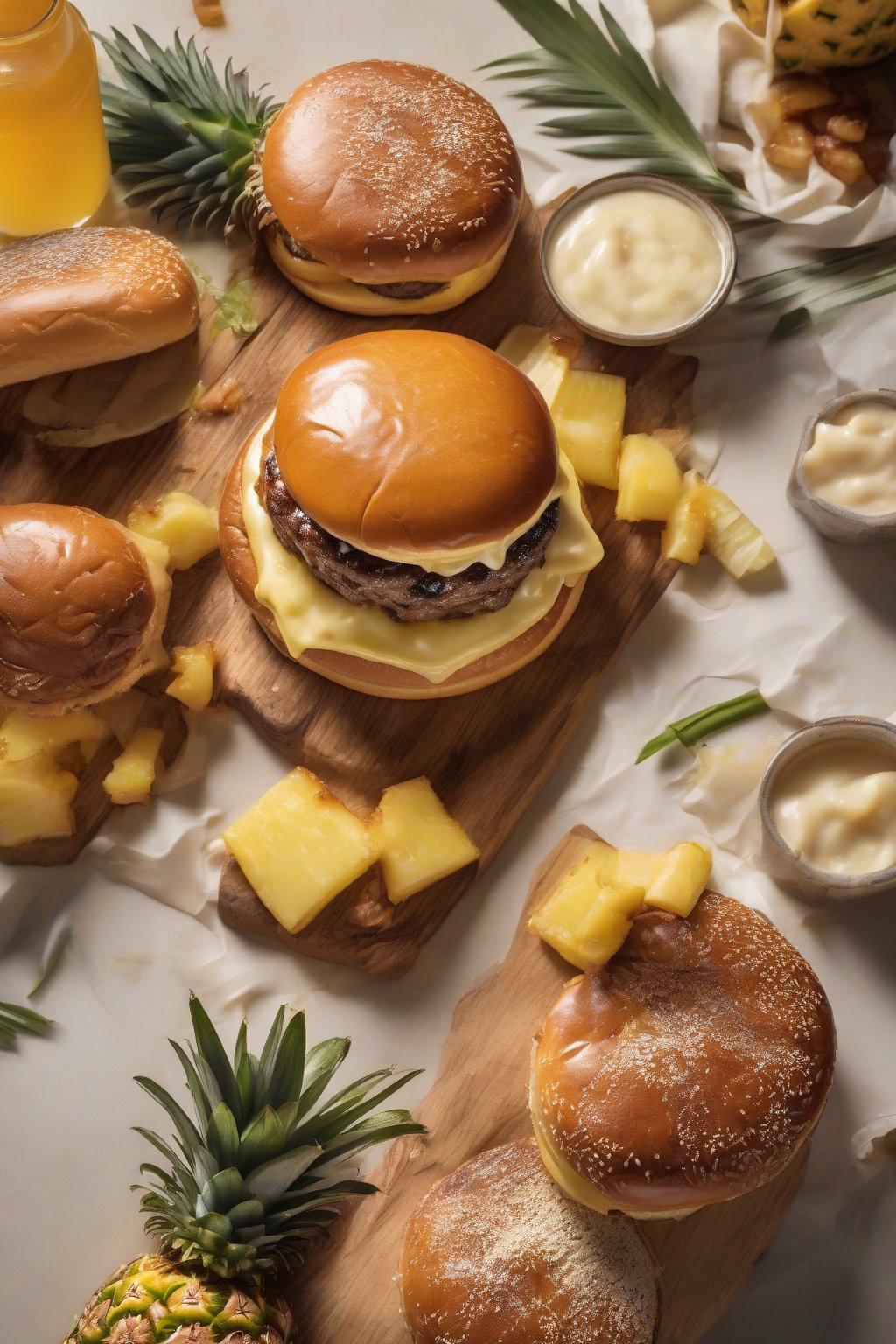 A high-resolution photo of a teriyaki pineapple smash burger with caramelized pineapple ring crowning melted provolone and glossy sauce on a Hawaiian bun, under soft lighting.