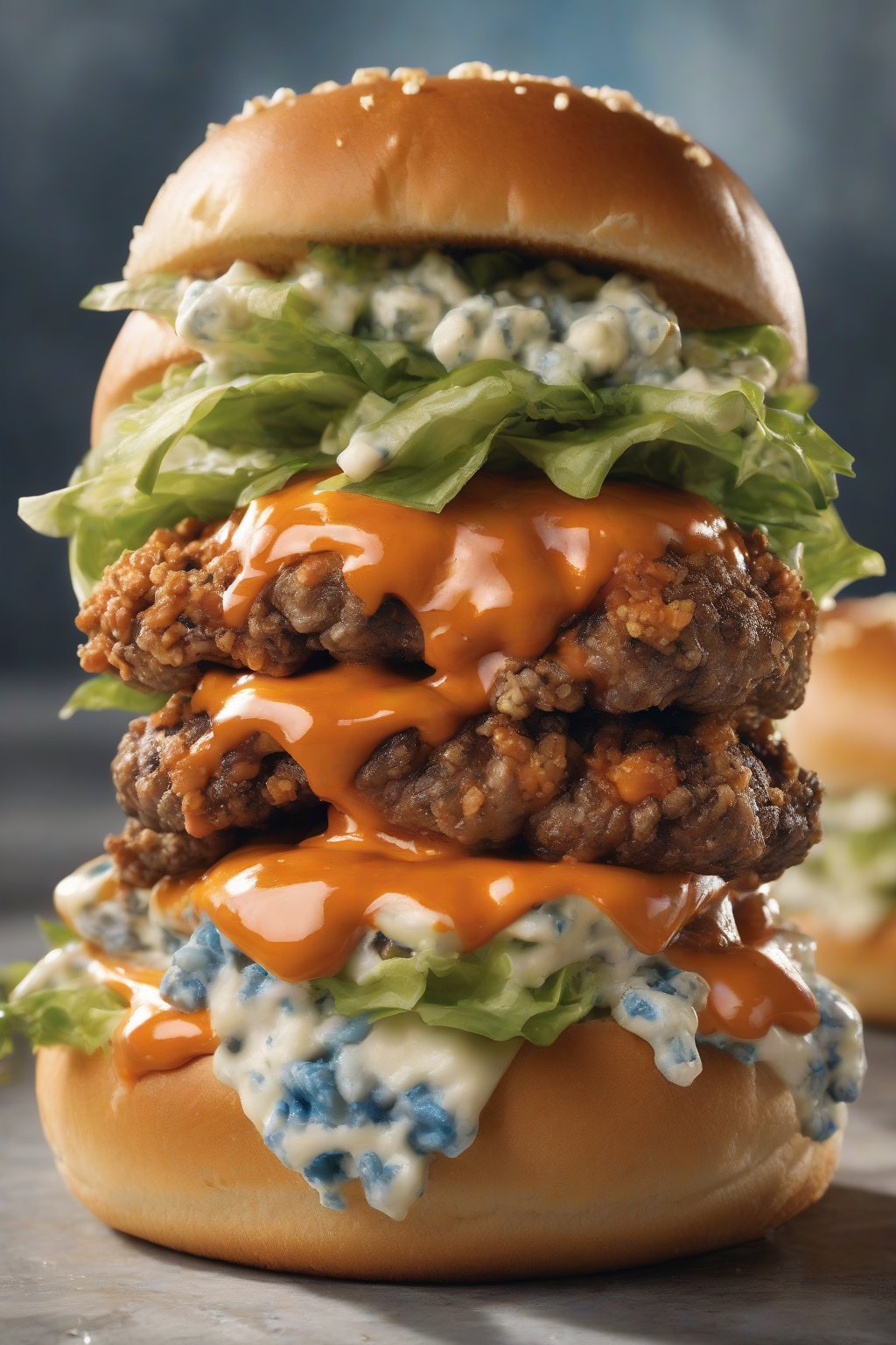 A high-resolution photo of a blue cheese buffalo smash burger with chunky blue cheese crumbles and fiery sauce streaks on a sturdy kaiser roll, under soft lighting.