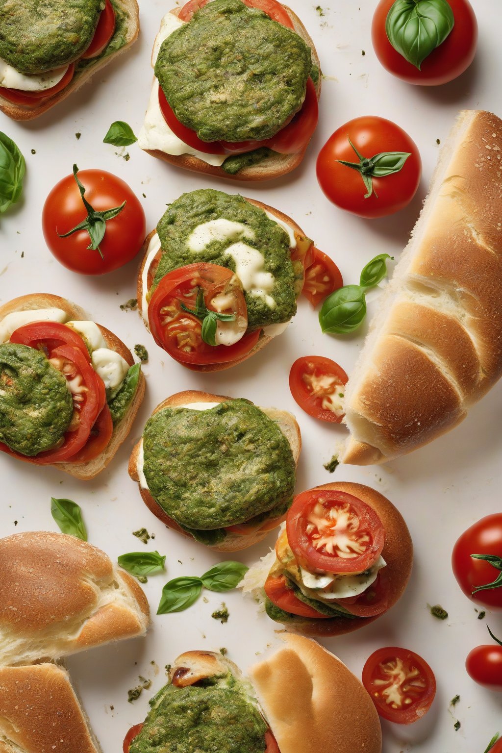 A high-resolution photo of a pesto tomato smash burger bursting with melted mozzarella, vibrant red tomatoes, and green pesto swirls on crusty ciabatta, under soft lighting.