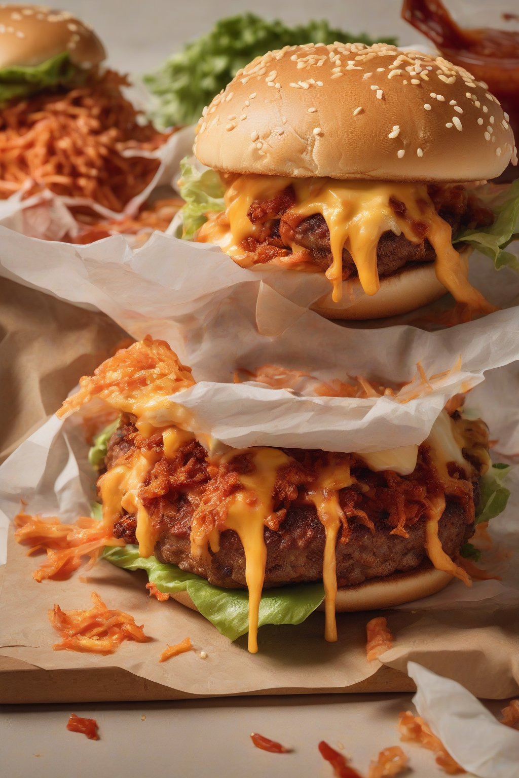 A high-resolution photo of a kimchi smash burger with tangy red kimchi shreds and gooey cheese spilling over crispy patty edges on a soft bun, under soft lighting.