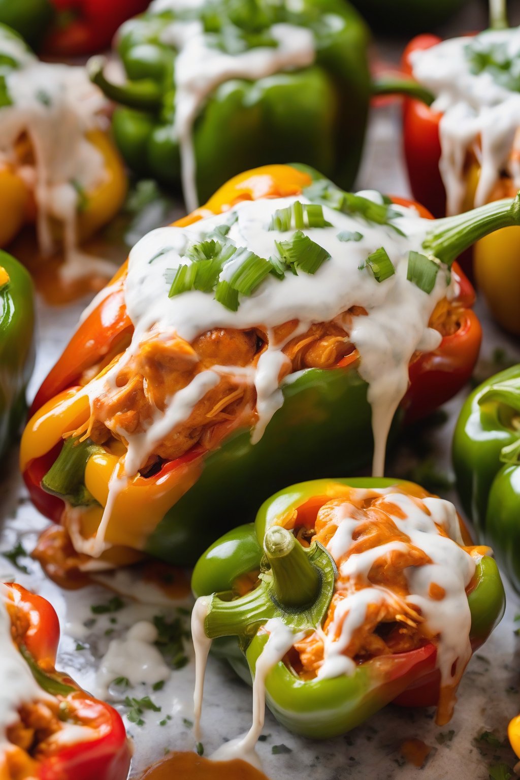 A close-up photo of spicy buffalo chicken stuffed peppers drizzled with ranch under soft lighting.