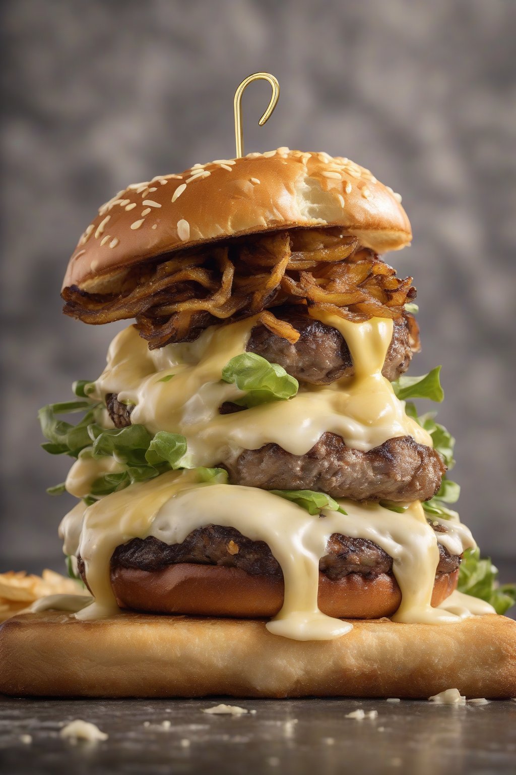 A high-resolution photo of a truffle aioli smash burger with creamy brie oozing and golden fried shallots atop a shatteringly crisp patty on brioche, under soft lighting.