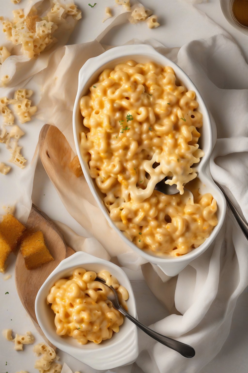 A high-resolution photo of classic slow cooker mac and cheese, golden and bubbly with melted cheddar strands, served in a white bowl under soft lighting.