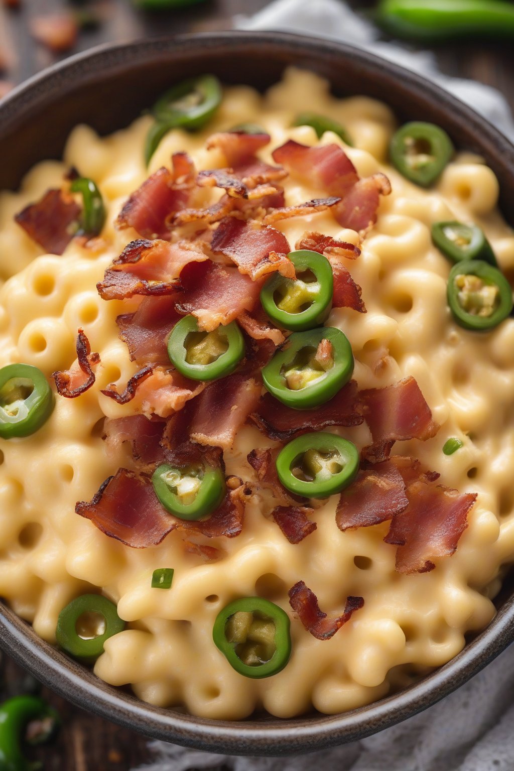 A high-resolution photo of bacon jalapeño slow cooker mac and cheese, topped with crispy bacon bits and green jalapeño slices, steaming in a rustic bowl under soft lighting.