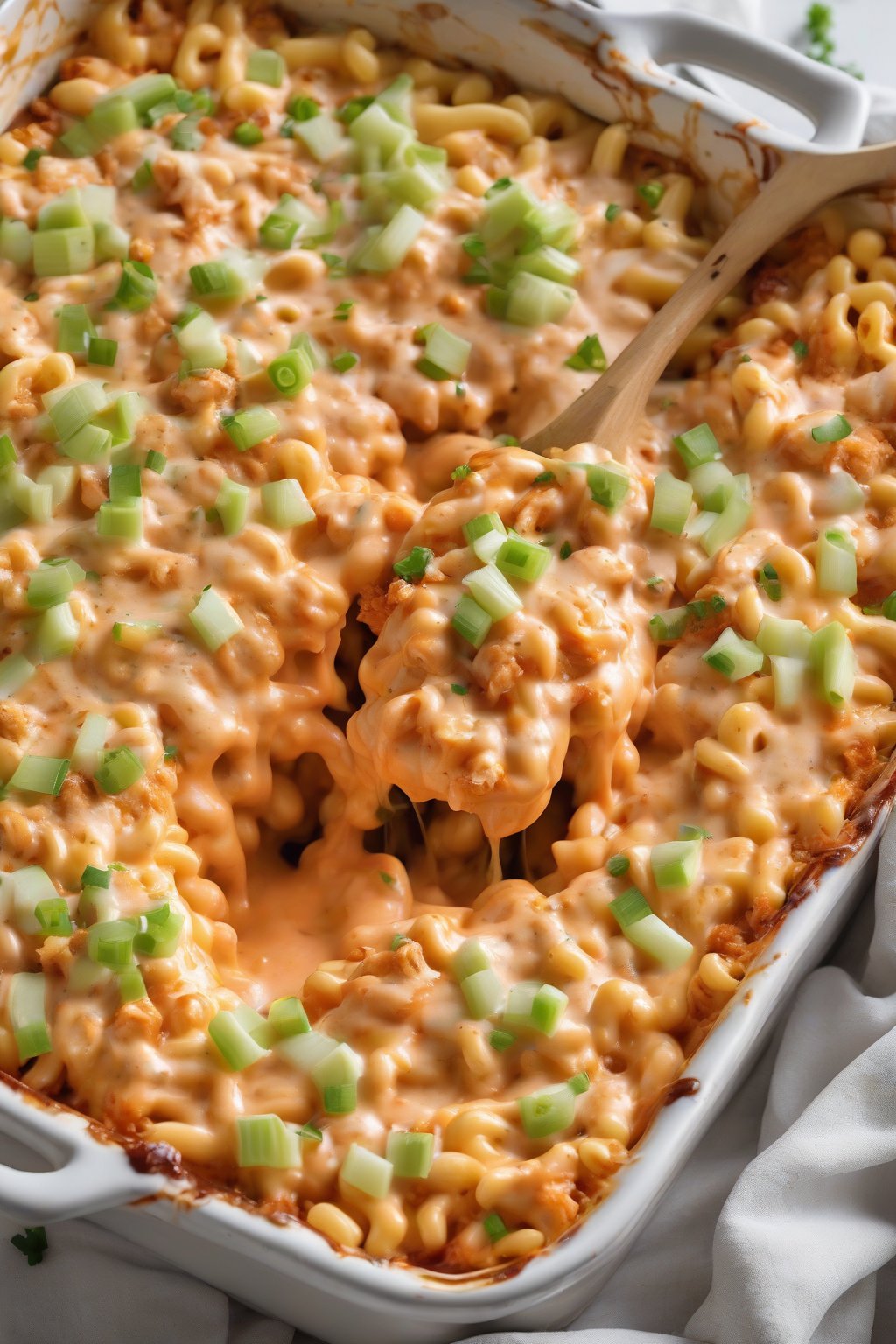 A high-resolution photo of buffalo chicken slow cooker mac and cheese, drizzled with extra sauce and garnished with celery, in a deep dish under soft lighting.