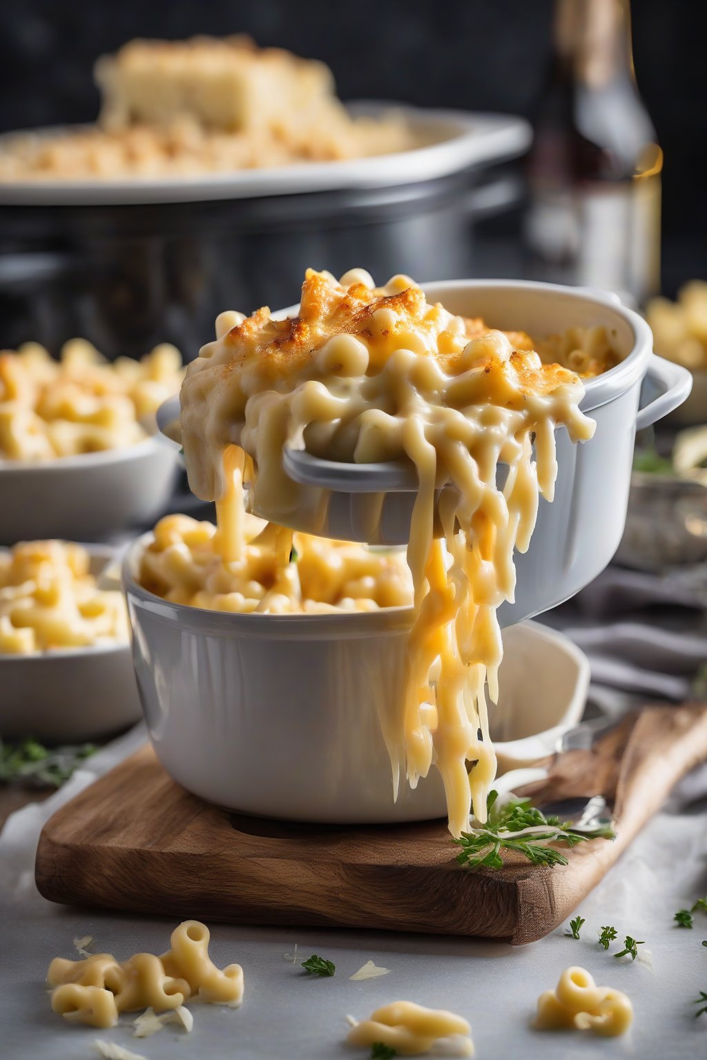 A high-resolution photo of four-cheese slow cooker mac and cheese, with gooey layers of melted cheeses pulling apart, plated elegantly under soft lighting.