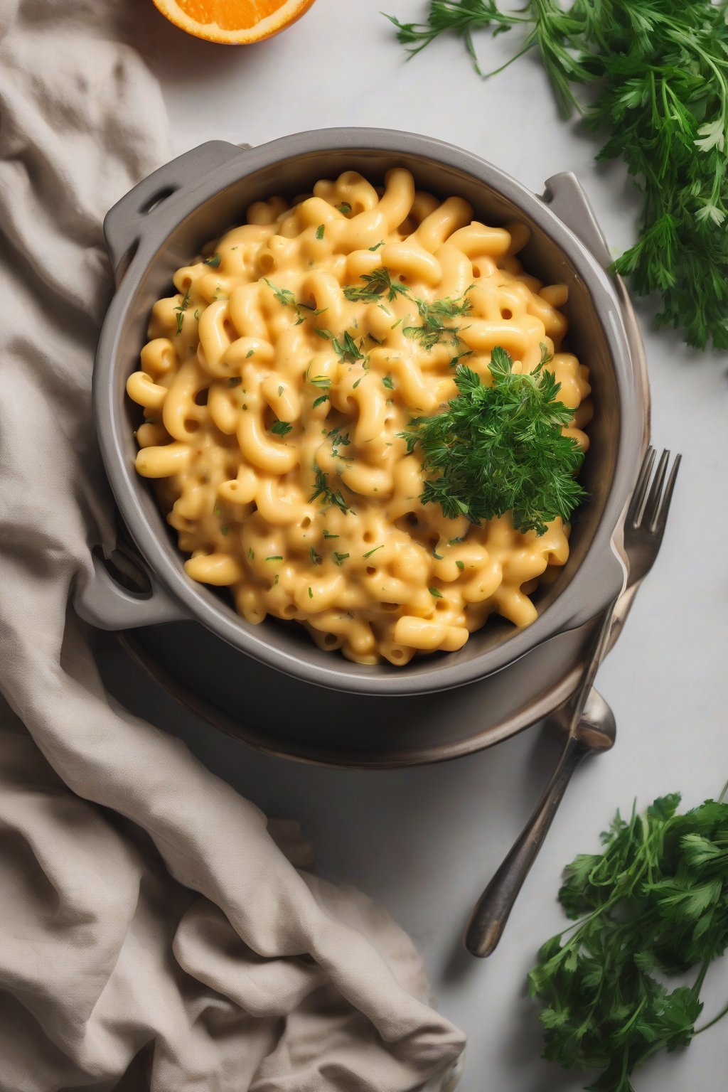 A high-resolution photo of vegan slow cooker mac and cheese, creamy orange sauce coating pasta, topped with herbs in a modern bowl under soft lighting.