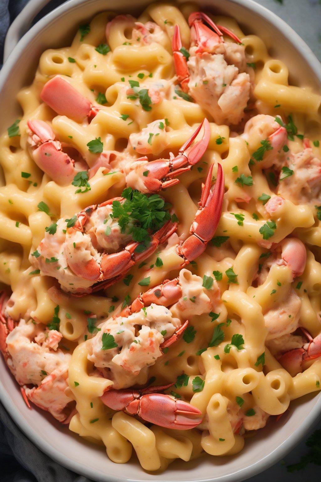 A high-resolution photo of lobster slow cooker mac and cheese, chunks of pink lobster atop golden pasta, garnished with chives under soft lighting.
