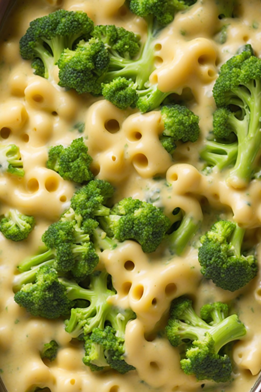 A high-resolution photo of broccoli cheddar slow cooker mac and cheese, vibrant green florets in cheesy sauce, served family-style under soft lighting.