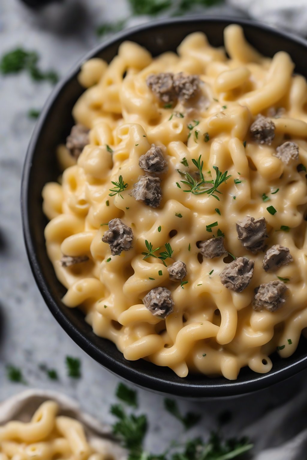 A high-resolution photo of truffle slow cooker mac and cheese, pasta glistening with oil and herbs, in a black bowl under soft lighting.