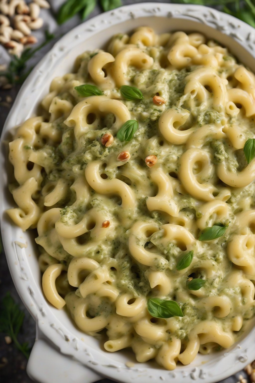 A high-resolution photo of pesto slow cooker mac and cheese, green swirls through creamy pasta, sprinkled with pine nuts under soft lighting.