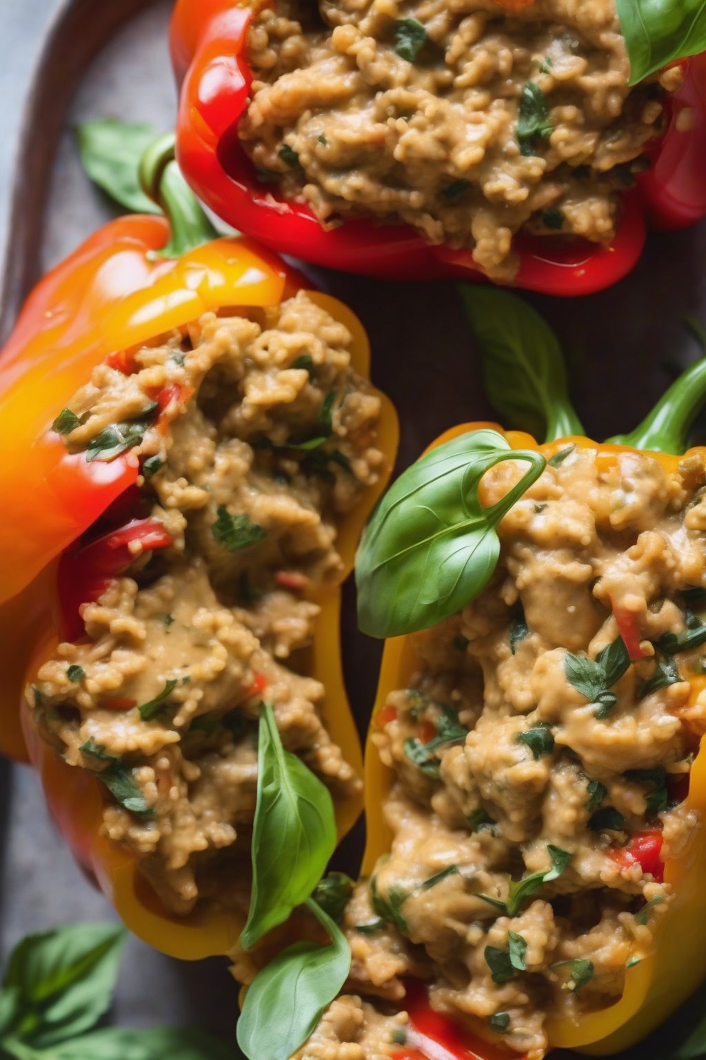 A close-up photo of fragrant Thai curry stuffed bell peppers with basil leaves under soft lighting.