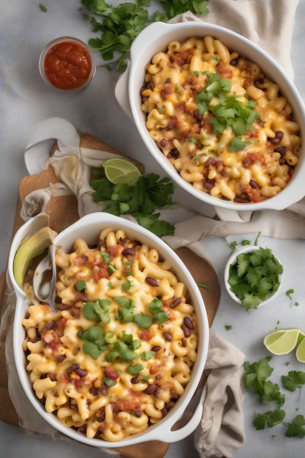 A high-resolution photo of Mexican slow cooker mac and cheese, melted pepper jack with beans and salsa, topped with fresh cilantro under soft lighting.