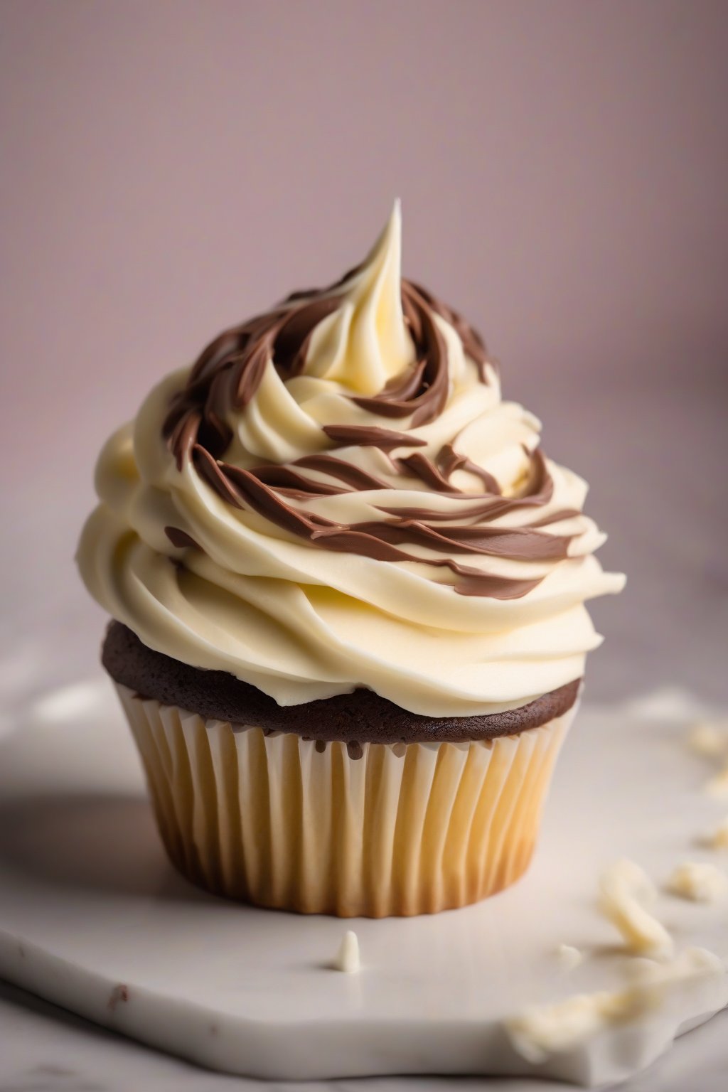A high-resolution photo of a swirl of classic vanilla smooth buttercream on a chocolate cupcake under soft lighting.