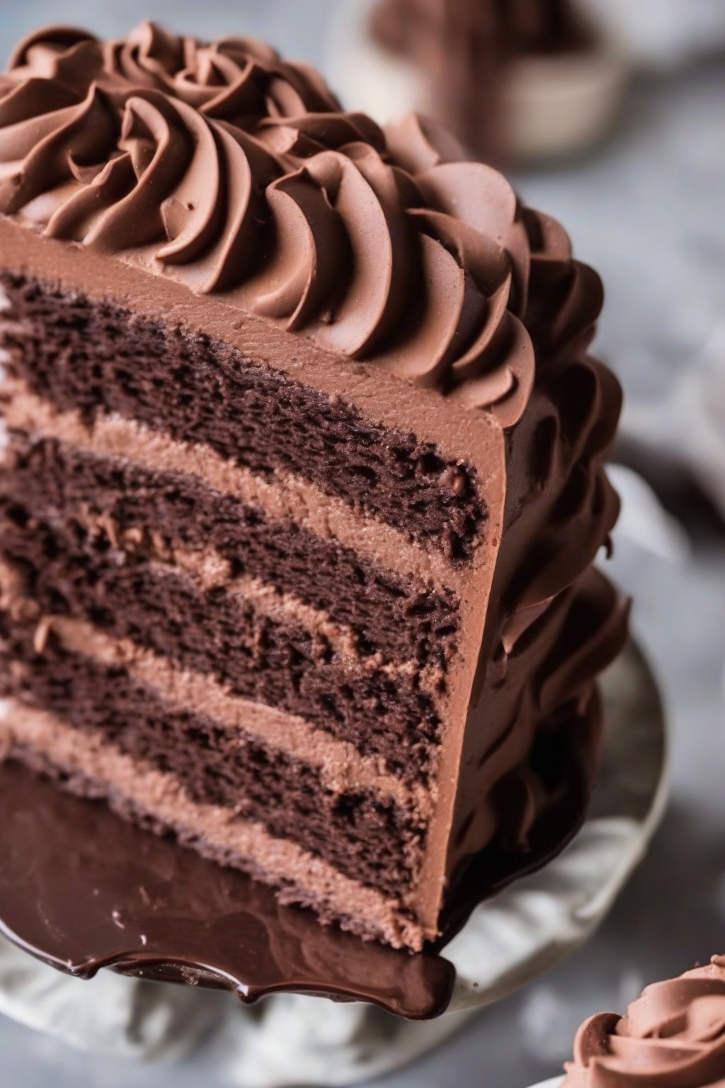 A high-resolution photo of chocolate smooth buttercream frosting piped on a layer cake under soft lighting.