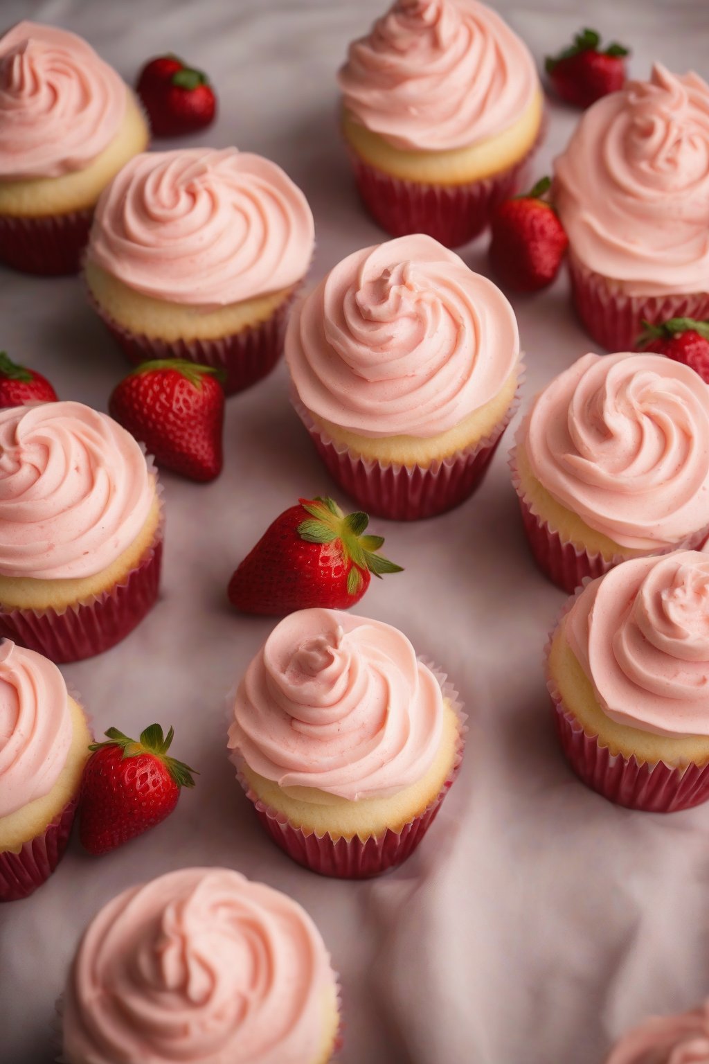 A high-resolution photo of strawberry smooth buttercream swirls on vanilla cupcakes under soft lighting.