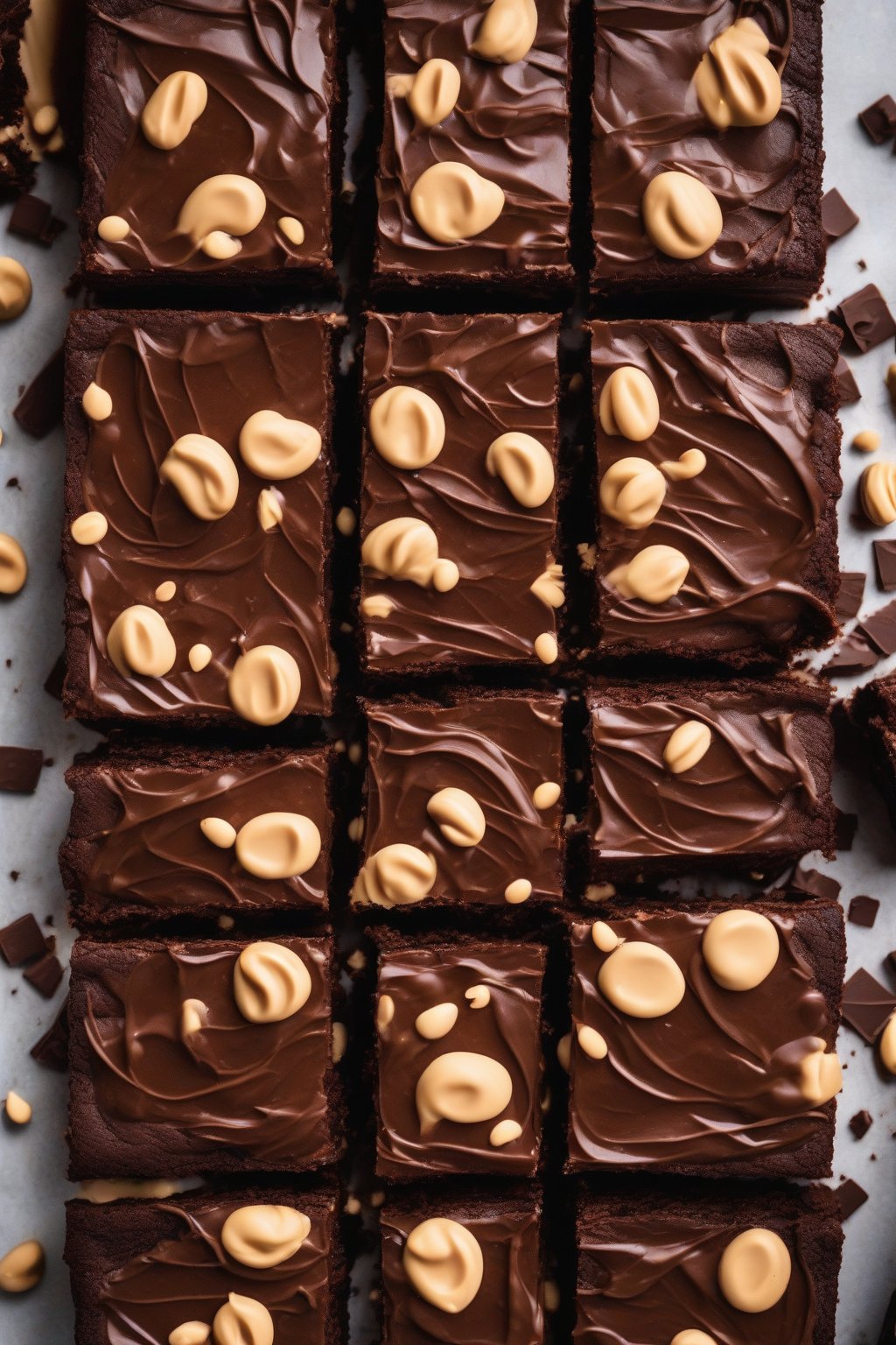 A high-resolution photo of peanut butter smooth buttercream on chocolate brownies under soft lighting.