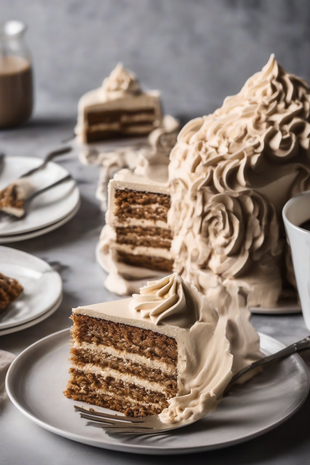 A high-resolution photo of coffee smooth buttercream frosting a coffee layer cake under soft lighting.